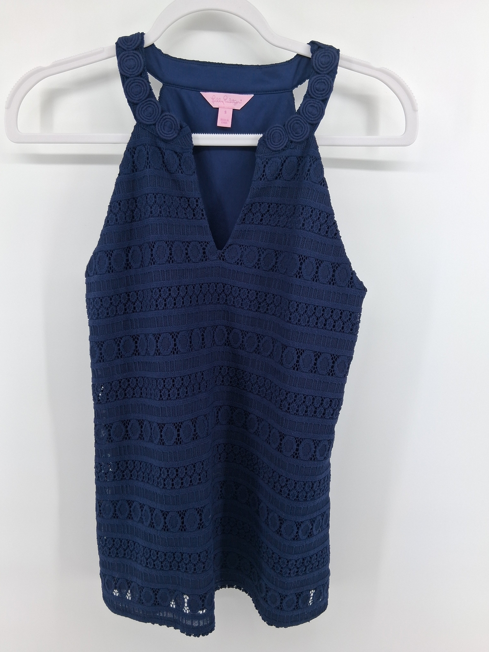 Lilly Pulitzer Navy Crochet Halter Tank with Rosette Straps